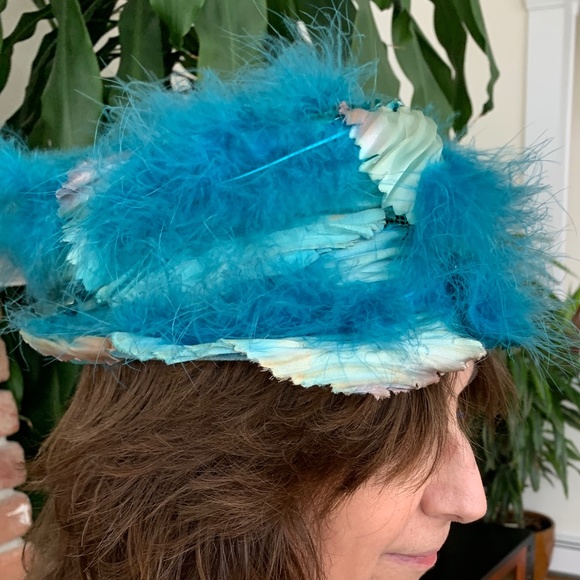Vintage Silk Fabric Hat with Marabou Feathers Bright Blue - Picture 4 of 12